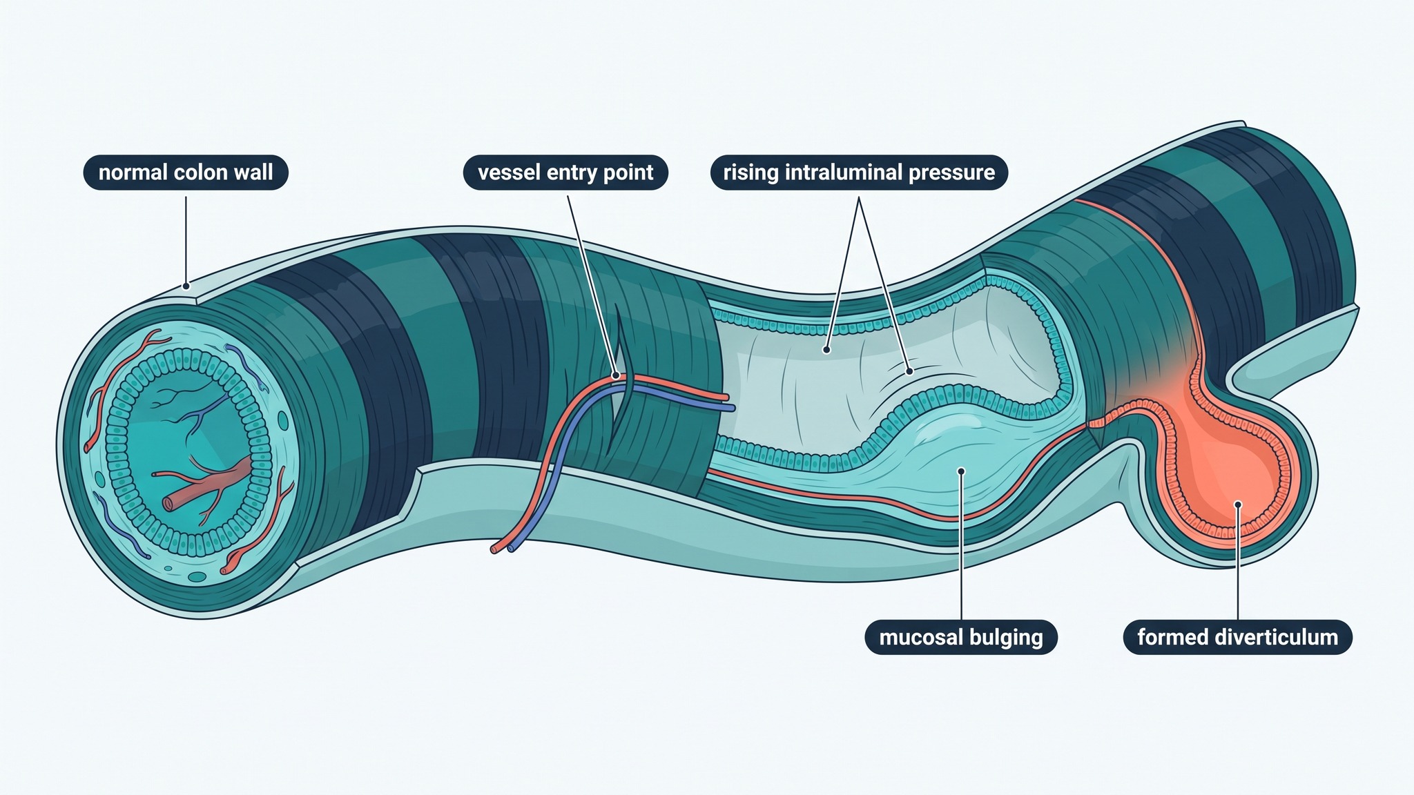 Scientific illustration of the stages in which a diverticulum forms in the colon wall