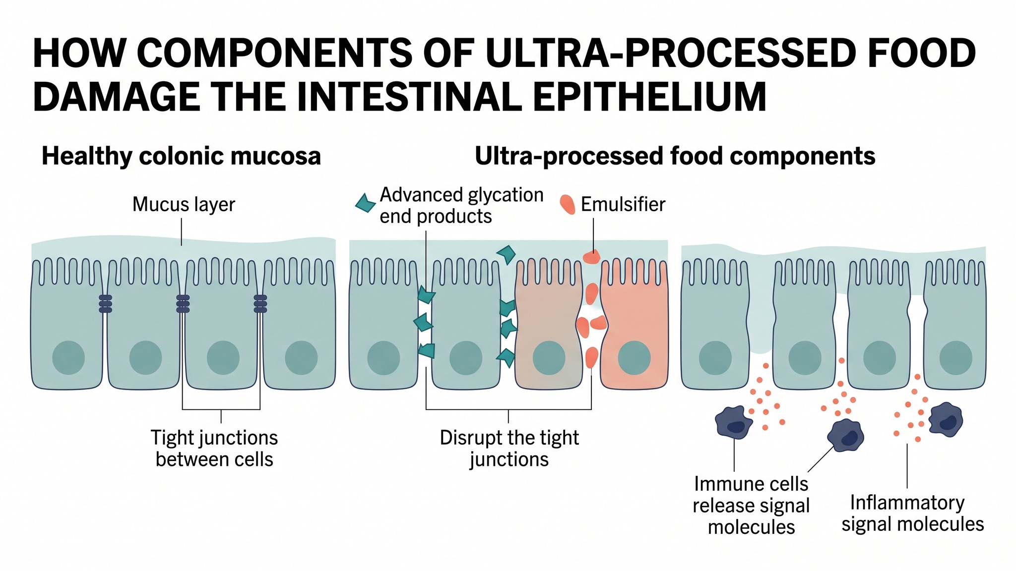Scientific illustration of how junk food components affect the intestinal epithelium