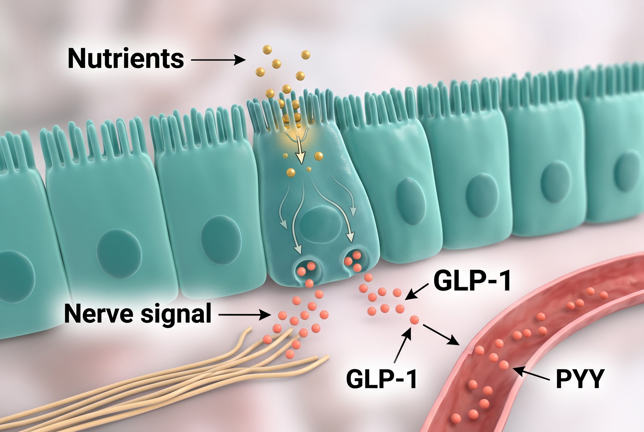 Labelled scientific illustration of an intestinal L-cell sensing nutrients and releasing GLP-1 and PYY