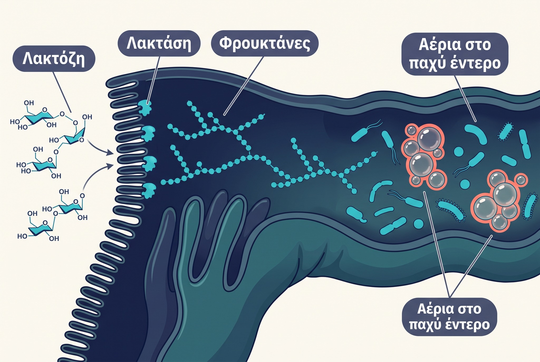 Εικονογράφηση για λακτόζη, φρουκτάνες και φούσκωμα στο έντερο.