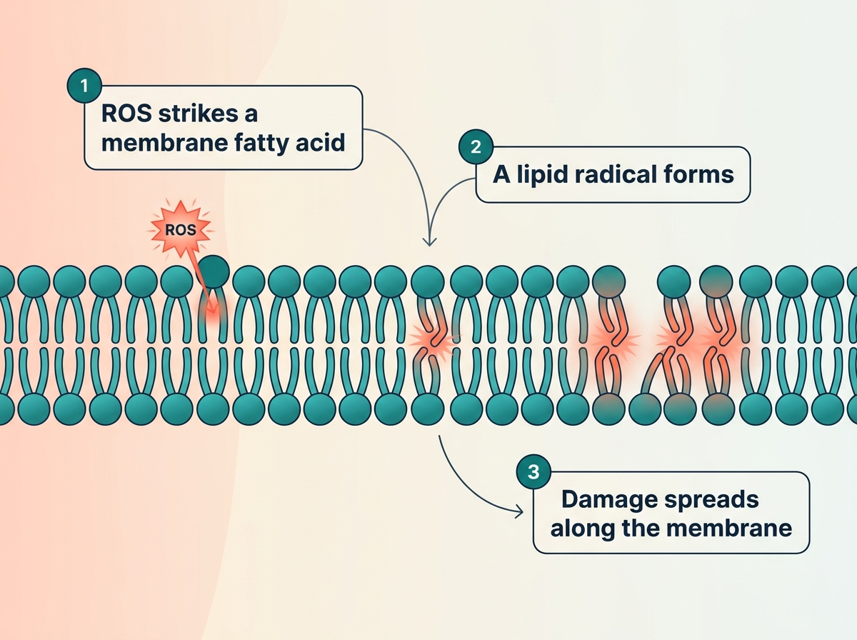 Diagram of lipid peroxidation, showing a reactive oxygen species striking a membrane fatty acid and damage spreading along the membrane