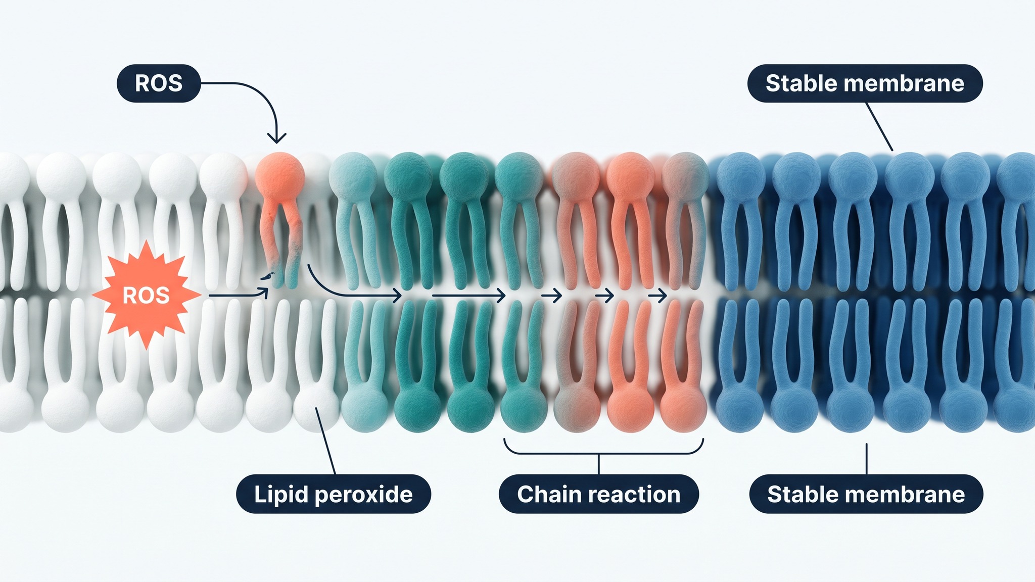 Clean medical infographic showing lipid peroxide formation across a neuronal cell membrane
