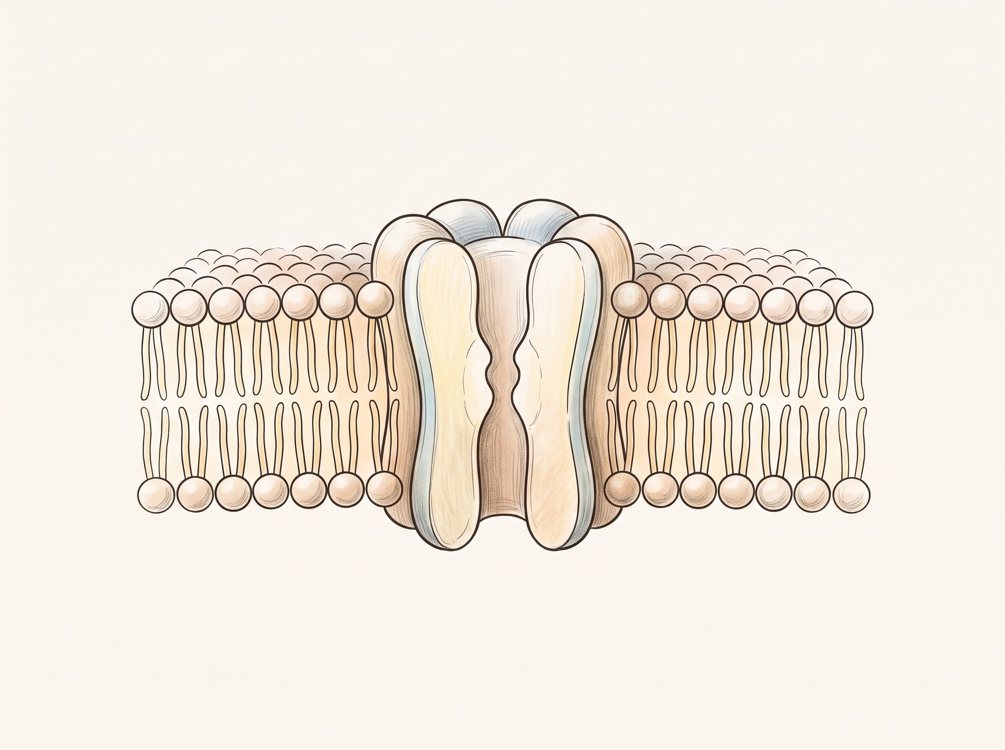 Hand drawn illustration of an NMDA receptor channel in a cell membrane