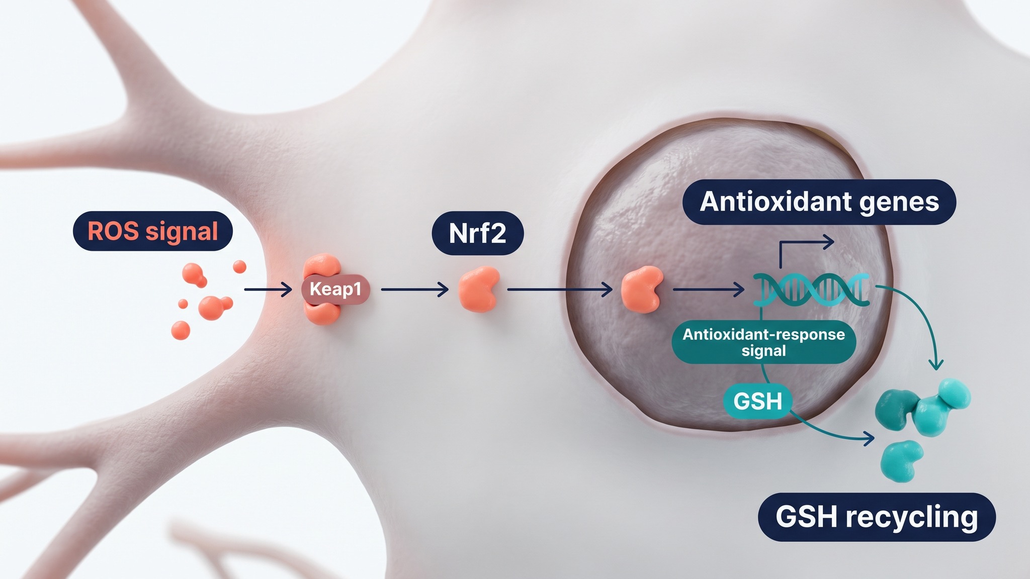 Clean medical infographic of Nrf2 activating antioxidant genes and glutathione recycling in a neuron