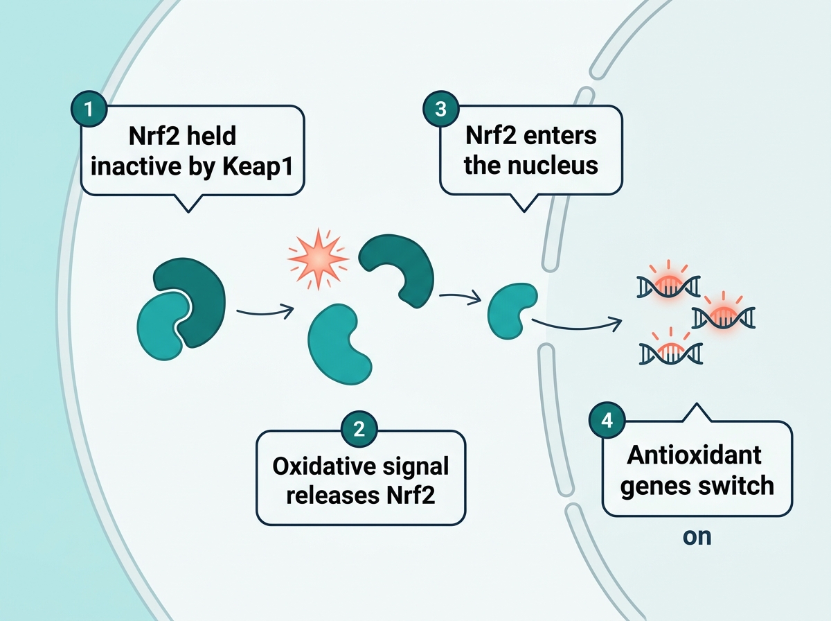 Diagram of the Nrf2 pathway, showing Nrf2 released from Keap1 and entering the nucleus to switch on antioxidant genes