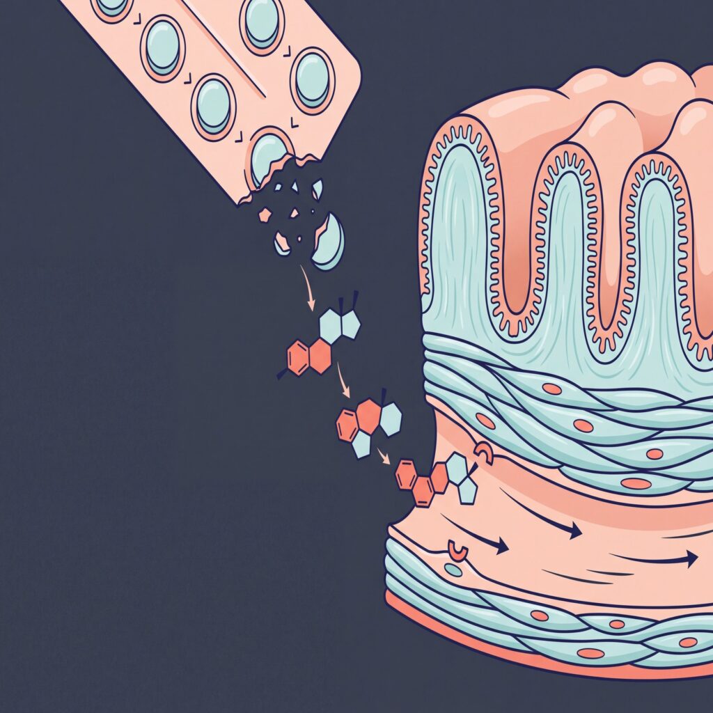 Flat scientific illustration of an oral contraceptive pill and hormone signalling above intestinal smooth muscle