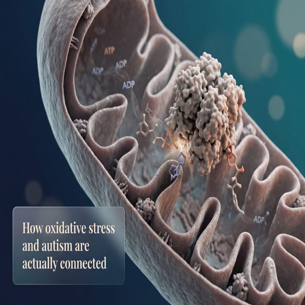 Mitochondrial creatine kinase recycling ADP at the inner membrane, illustrating oxidative stress and autism at the cellular level