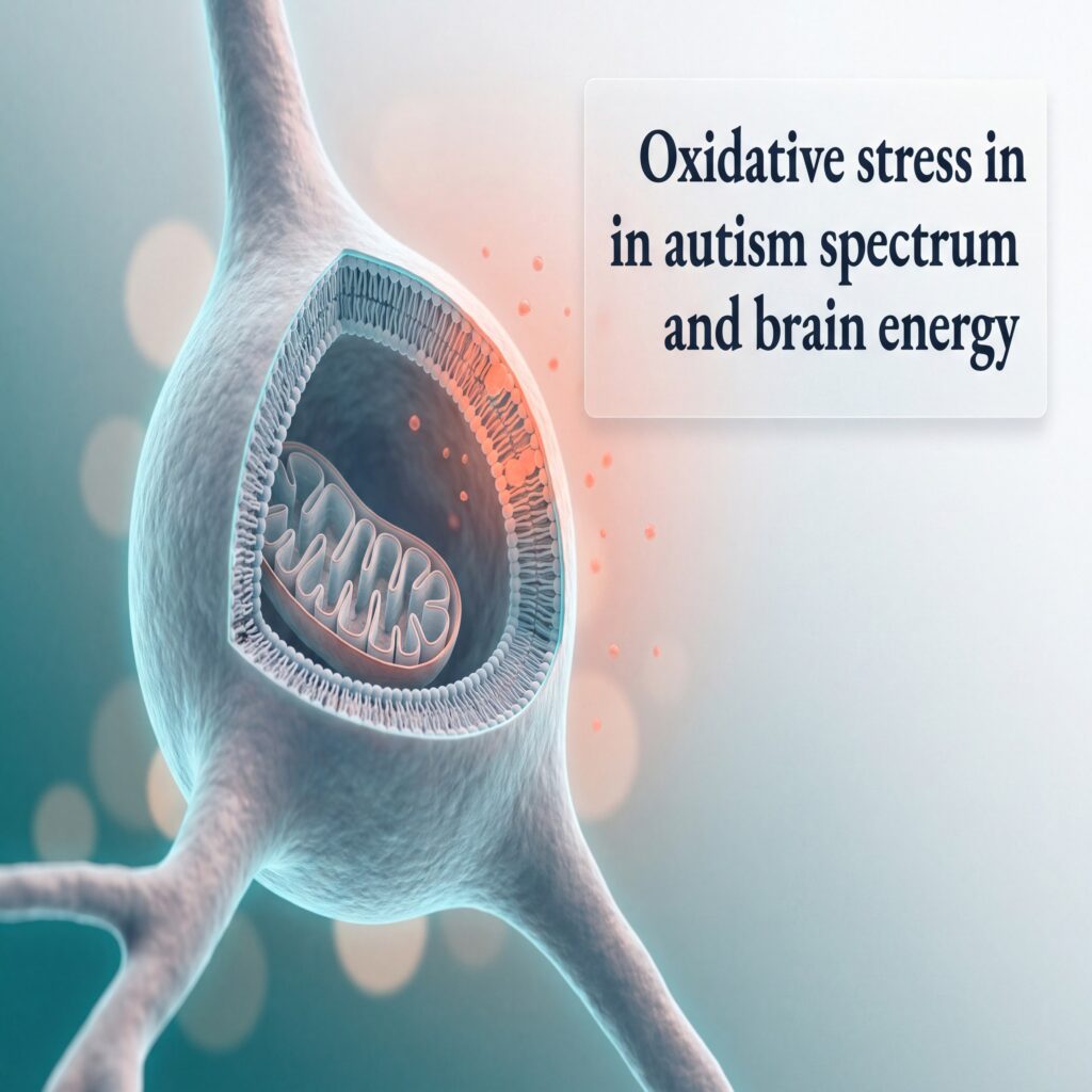 Oxidative stress in autism spectrum shown as a cortical neuron with a mitochondrion and localized membrane lipid oxidation