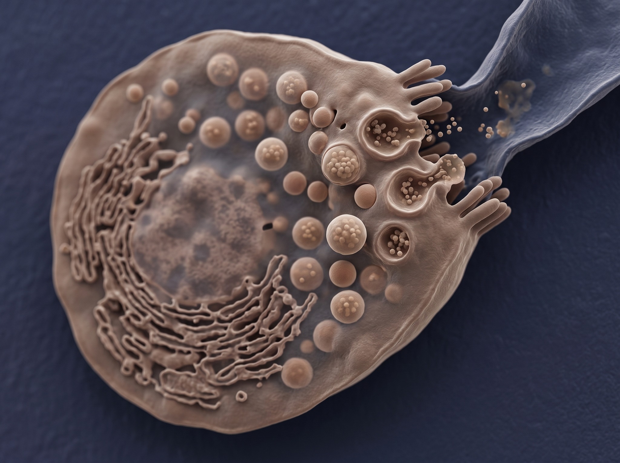 Extreme macro of a pancreatic acinar cell releasing digestive enzyme granules
