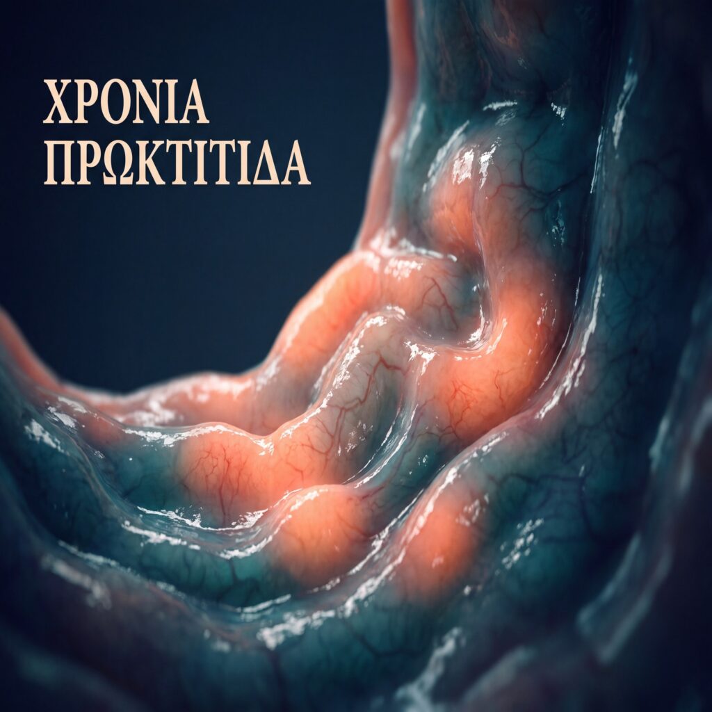 Καλλιτεχνική απεικόνιση φλεγμονώδους βλεννογόνου του απευθυσμένου σε τόνους teal, navy και κοραλί