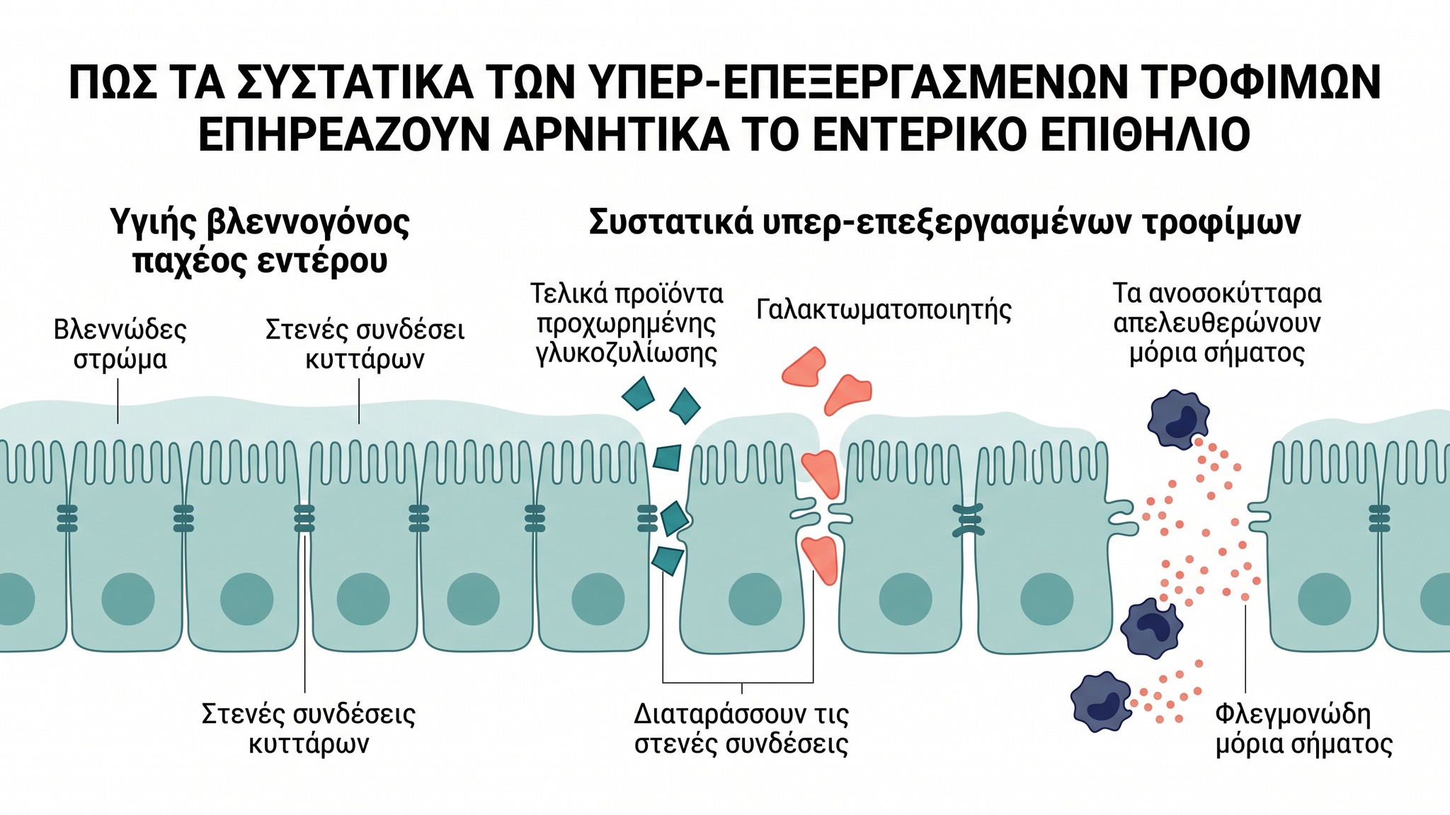 Επιστημονική απεικόνιση του πώς τα συστατικά του junk food επηρεάζουν το εντερικό επιθήλιο και τη φλεγμονή