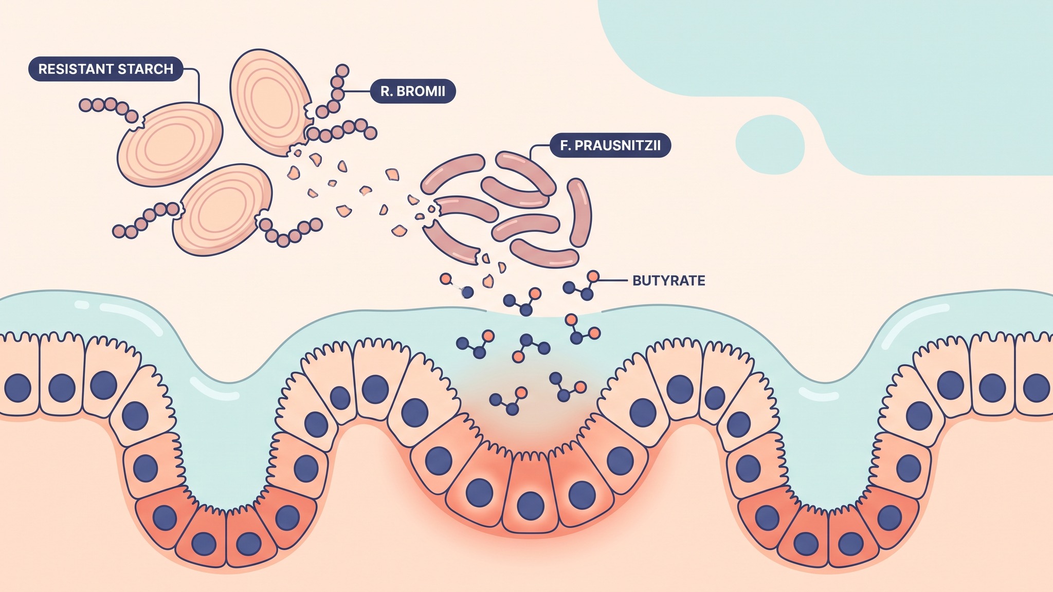 Fibermaxxing benefits, Ruminococcus bromii and Faecalibacterium prausnitzii turning resistant starch into butyrate for colon cells