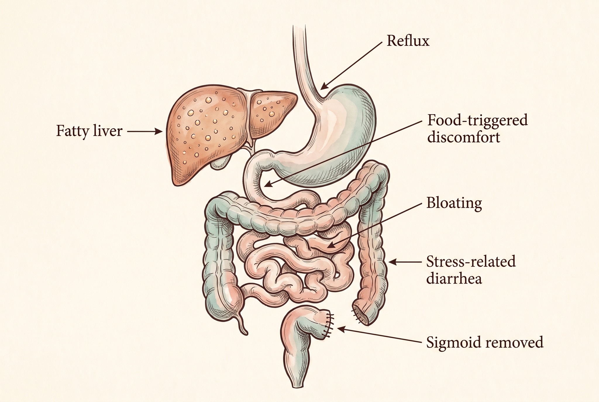 Map of symptoms along the digestive tract of a man with fatty liver after gallbladder removal, showing reflux, bloating, stress-related diarrhea, and the removed sigmoid colon