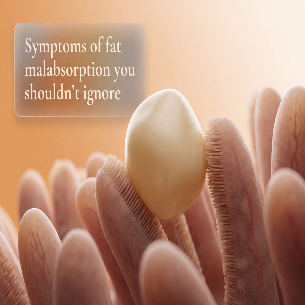Symptoms of fat malabsorption: extreme macro of an undigested fat droplet resting against the intestinal villi