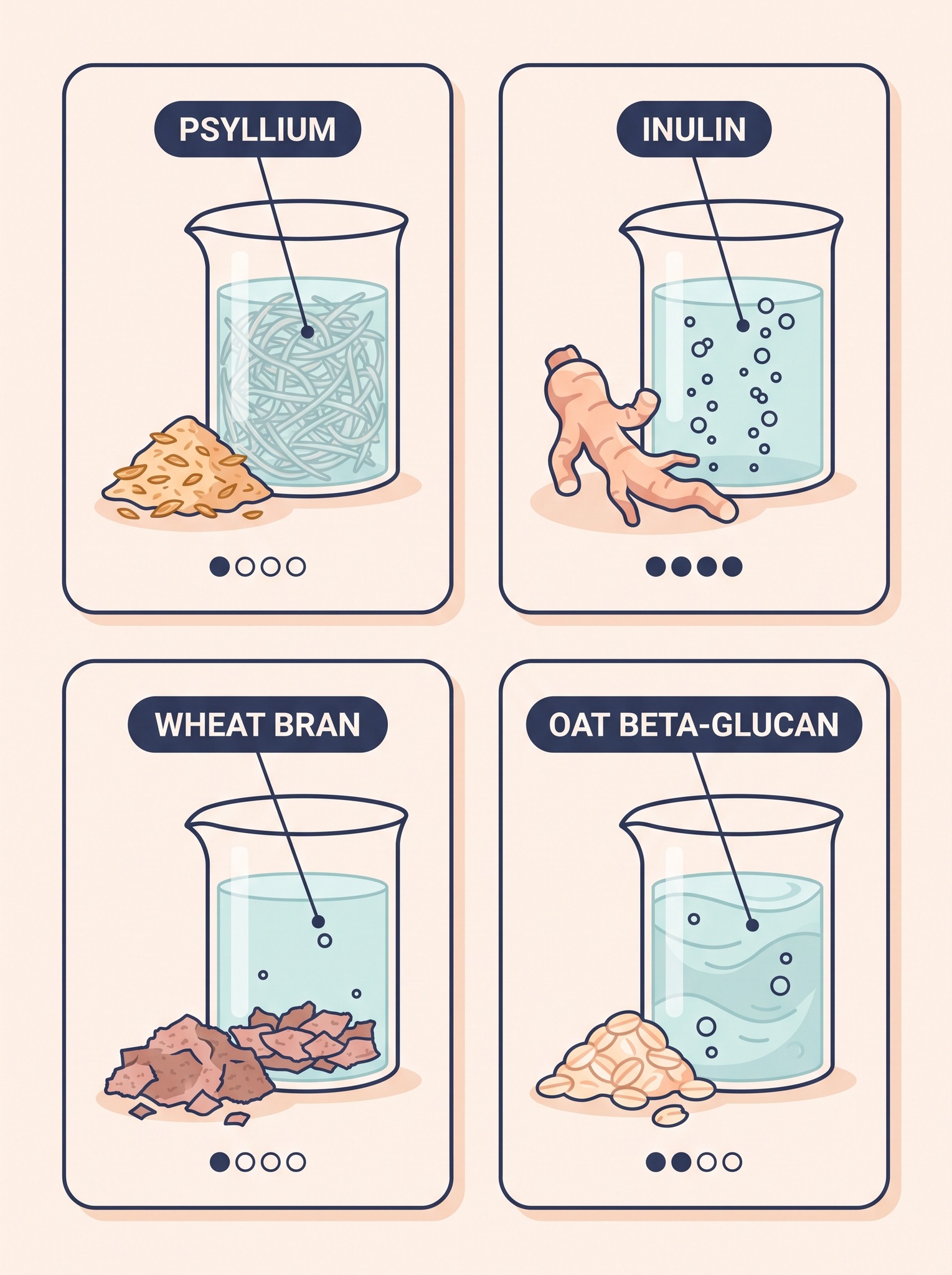 Fibermaxxing infographic comparing psyllium, inulin, wheat bran and oat beta-glucan by thickness and gas production